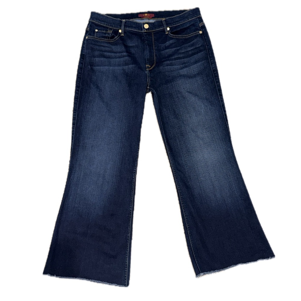 👖💋 7 FOR ALL MANKIND Ginger Cropped Flare Dark Wash Jeans Raw Hem Sz 32